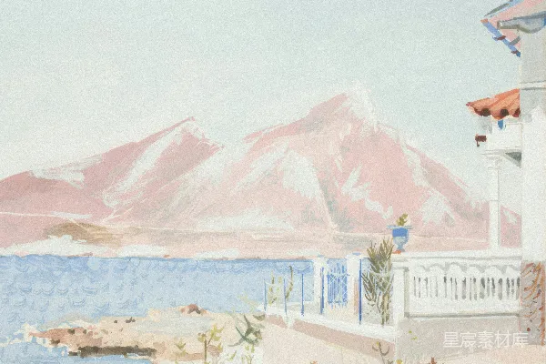 高清摄影 一幅画中有房子和背景是山的画作