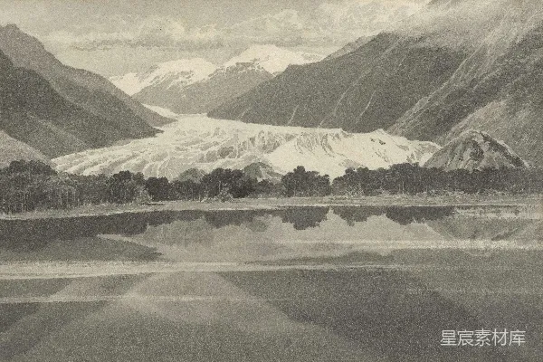 高清摄影 一座广阔的冰川在群山之间流淌，倒映在湖水中。