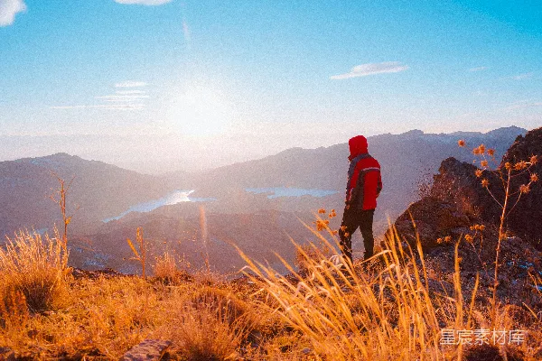 高清摄影 穿着红色夹克的男人站在白天的棕色草地上。