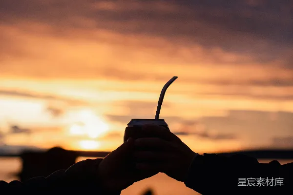 一个人在夕阳前拿着手机。