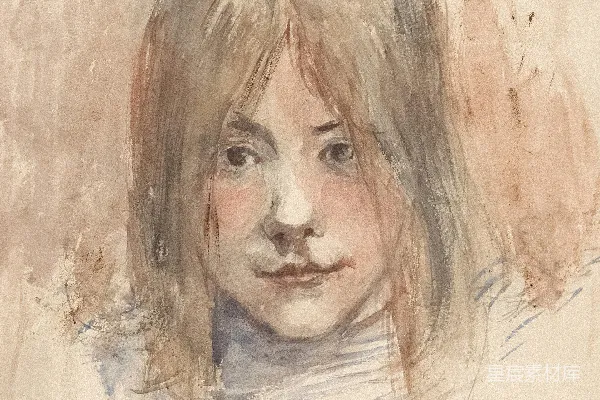 一幅年轻人脸的水彩素描。