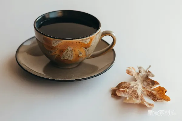 一杯带有干叶的咖啡