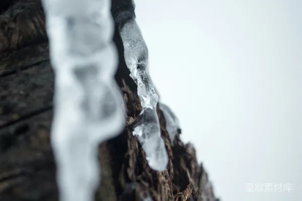 高清摄影 冰凌从一个风化的木制结构上垂下。