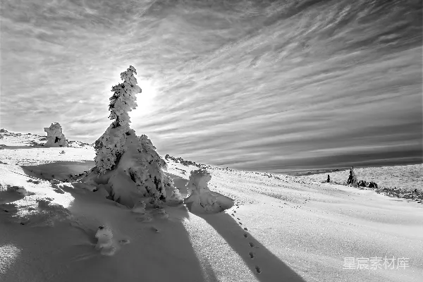 一幅黑白照片中的覆雪山峰