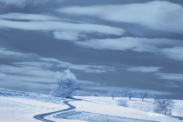 高清摄影 白天多云的天空下覆盖着积雪的田野