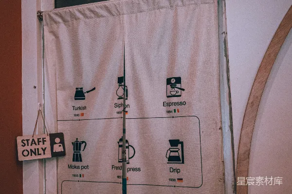 咖啡制作方法展示在一家咖啡馆的窗帘上。