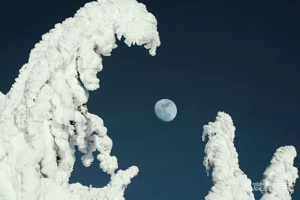 高清摄影 被白雪覆盖的山峰，天空中挂着一轮满月。