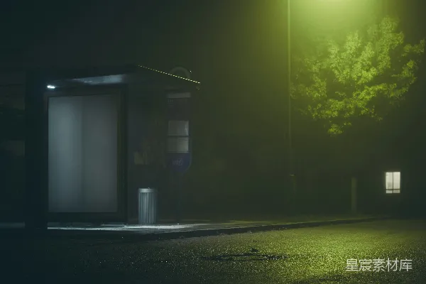 公交站停在路边的夜晚