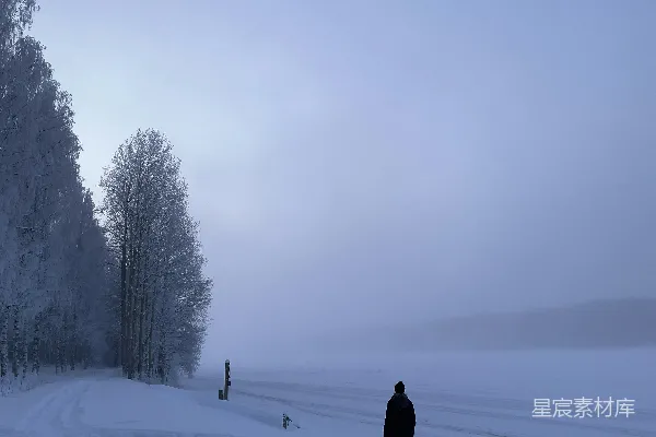 高清摄影 一个人站在覆盖着雪的田野中央。