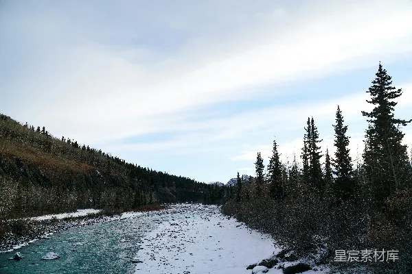 一条河流穿过覆盖着白雪的森林