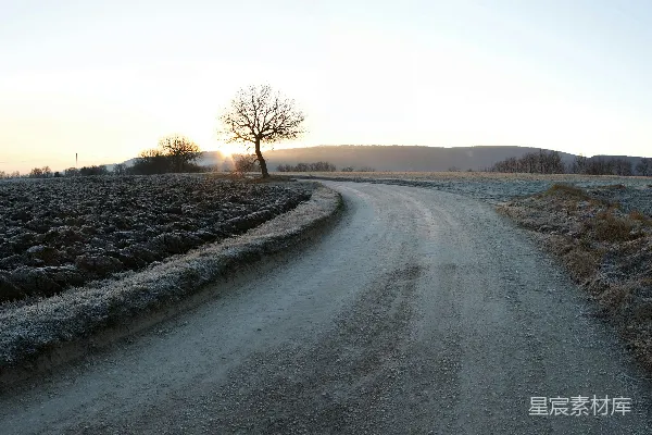 高清摄影 一条结霜的小路蜿蜒穿过一片荒芜的冬日风景。