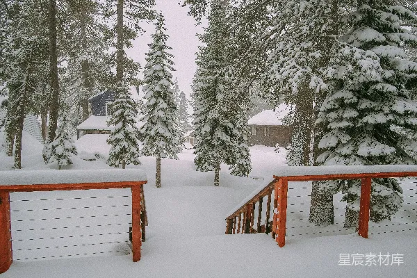 棕色的木制楼梯覆盖着白雪
