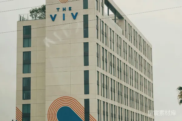 现代建筑“viv”在阴郁天空下有色彩壁画。