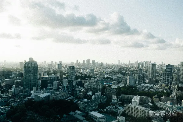 广阔的城市景观，建筑在阴云密布的天空下