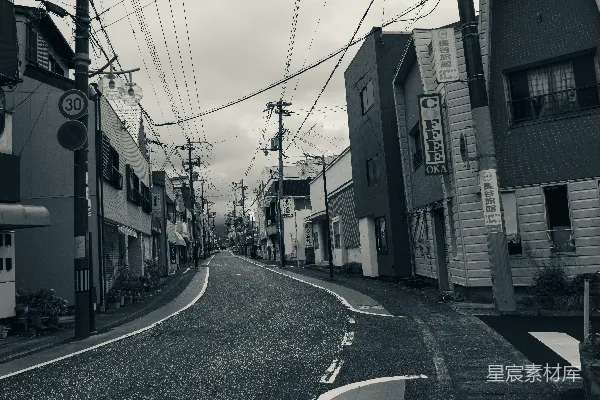 黑白街道场景中包含公用电话杆和建筑物。