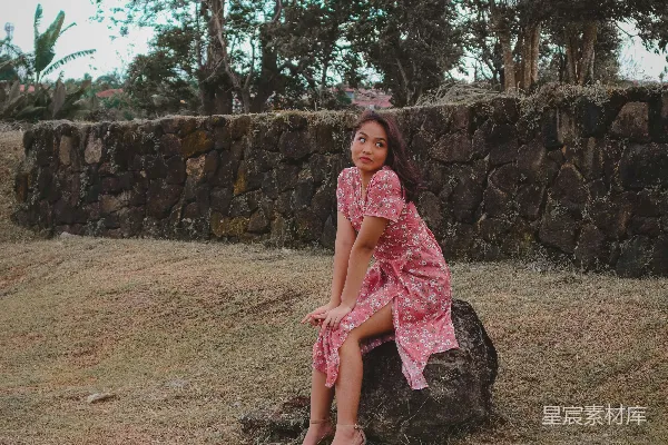 一个穿粉红色裙子的女人坐在一块岩石上。