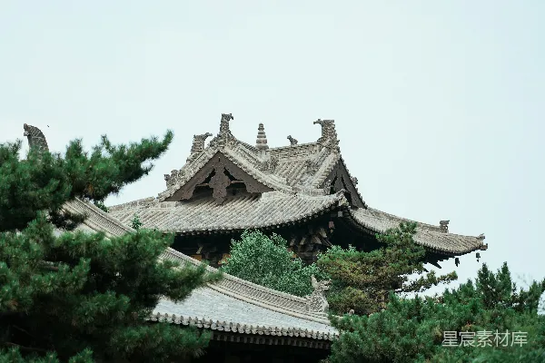 古中国建筑穿过树林的景象。