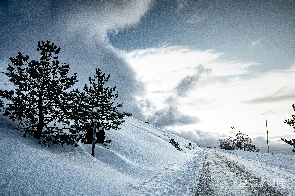 冬日景观中蜿蜒的雪路。