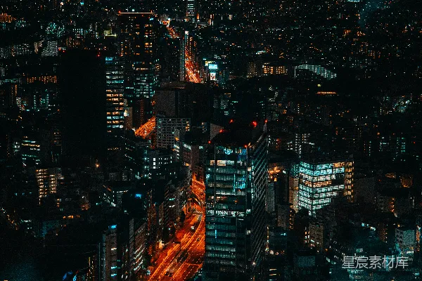 夜晚城市天际线的俯视图