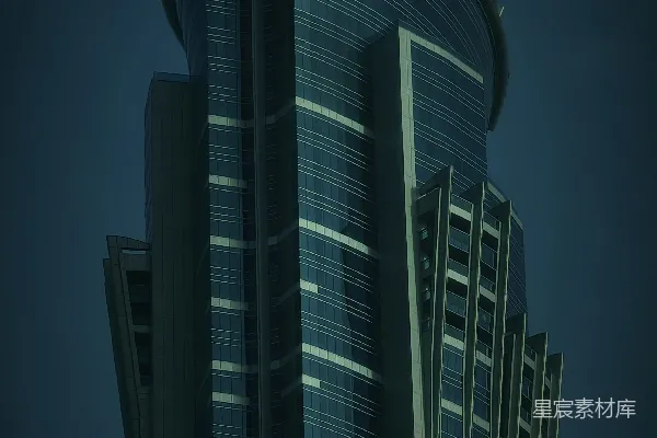高耸的现代 skyscraper 对着深蓝色的天空。
