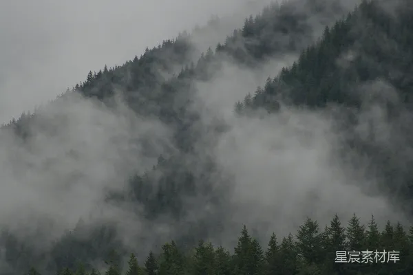 笼罩在薄雾和低云之中的山峦
