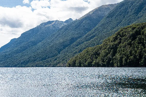 背景中有水、树木和山峰的水域