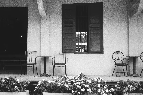 一张黑白照片，几张椅子和一些窗户。