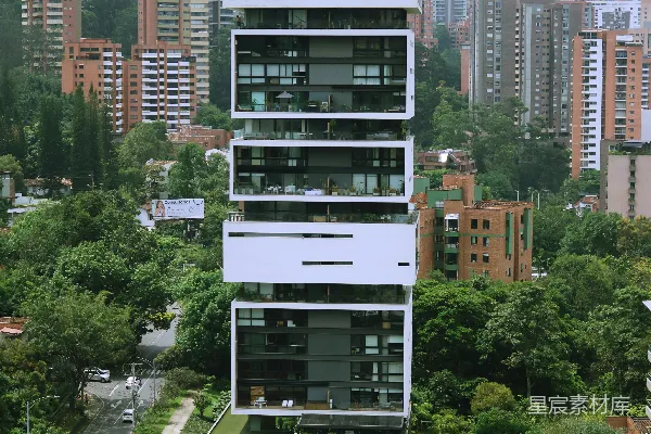 一座高耸的白色建筑矗立在森林中间。