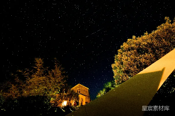 夜幕下 houses 旁边有一顶黄色的帐篷