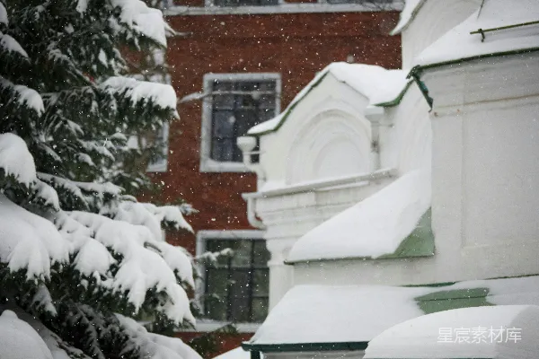 红色的消防栓覆盖着白雪，位于一幢红砖建筑前