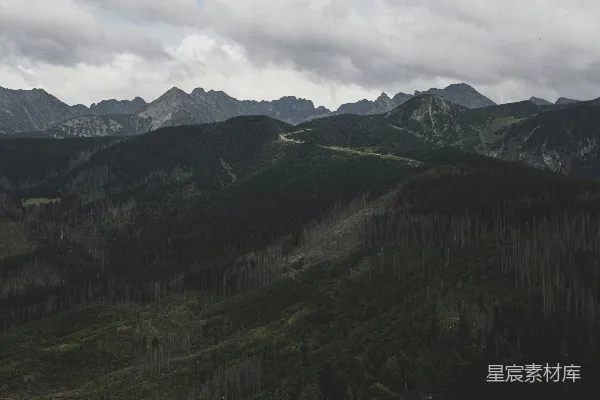 山脚下有一片山峦与远处的树木和山脉相映成趣。
