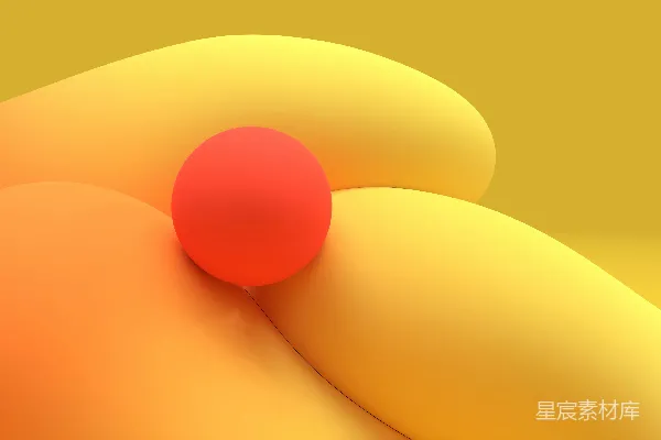 一个红色的球体坐落在黄色的波浪形形状上。