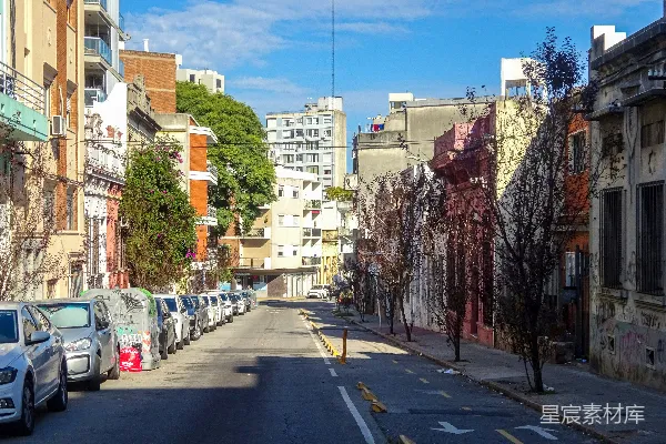 停着汽车的街道和色彩斑斓的建筑物