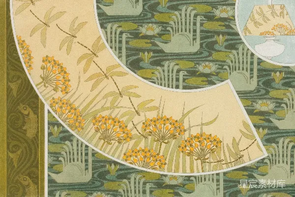 艺术 Nouveau 纹墙纸，主题为蜻蜓与睡莲