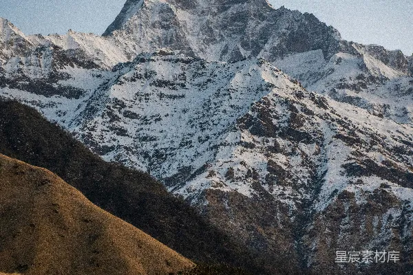 山顶覆雪，前景有一棵树。
