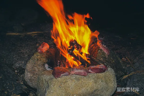 夜晚在篝火旁烤生肉