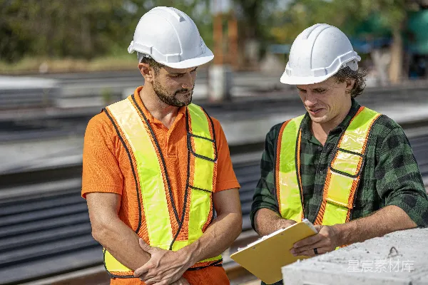高清摄影 建筑工人在工地查看施工计划。