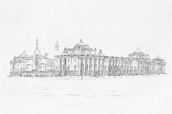 一幅描绘宏伟新古典主义建筑的素描作品，带有柱子。