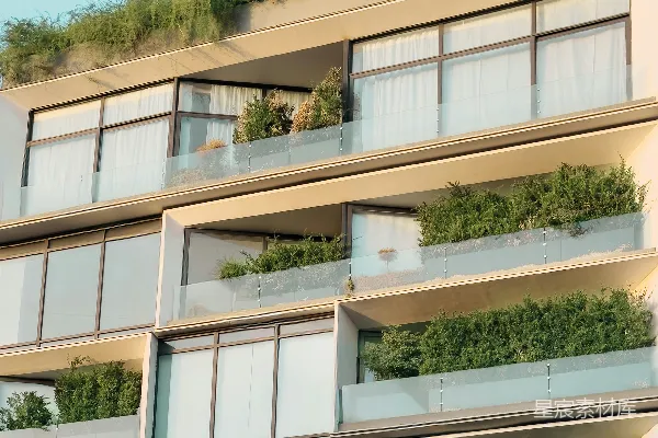 现代建筑的阳台被繁茂的绿植填满。