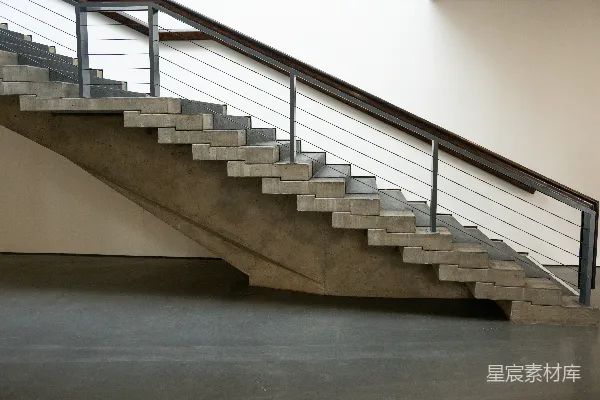 高清摄影 现代混凝土楼梯，带有金属栏杆，室内设置