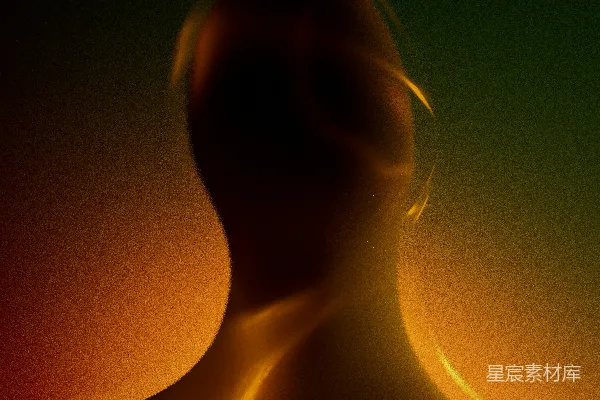 抽象轮廓带有闪烁的橙色和绿色光芒。