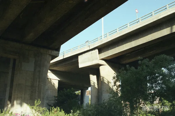 高清摄影 多座混凝土高速公路天桥，下方有绿叶点缀。