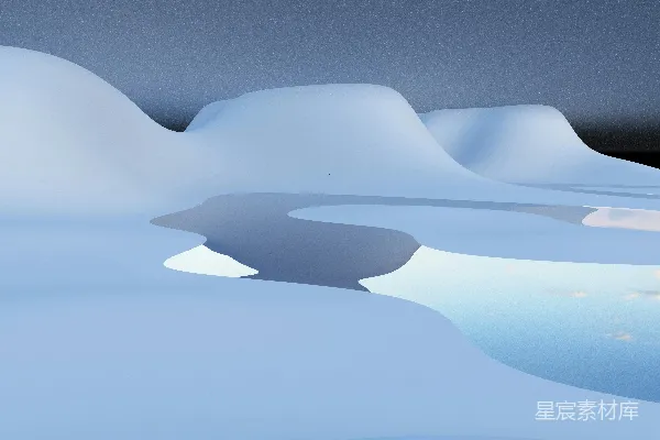 覆盖着白雪的小山中间有一片水域