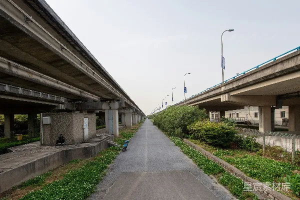 高清摄影 在高架桥下和绿树丛中的漫长道路