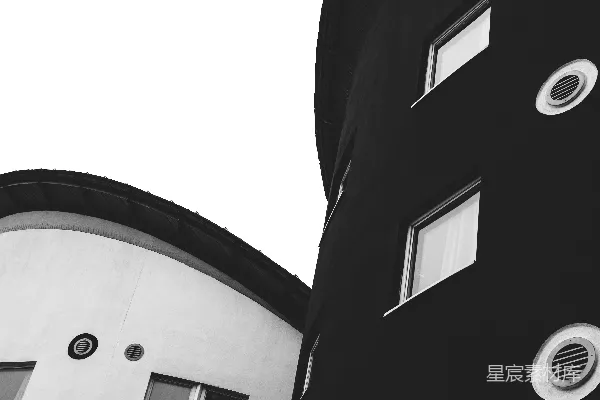 两座现代建筑用黑白相间的形式并置在一起。