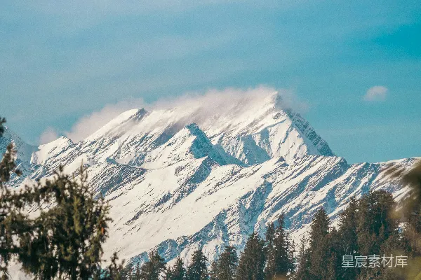 远处有树木的雪覆盖着的山峰。