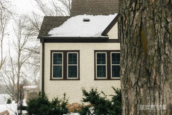 雪地里的小屋与光秃秃的树木。