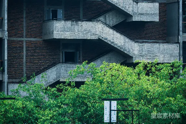 高清摄影 砖砌建筑的混凝土楼梯井，旁边有绿色的植被。