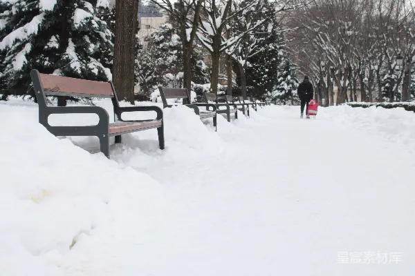 一个男人走在覆盖着白雪的小径旁边的一个公园长凳旁