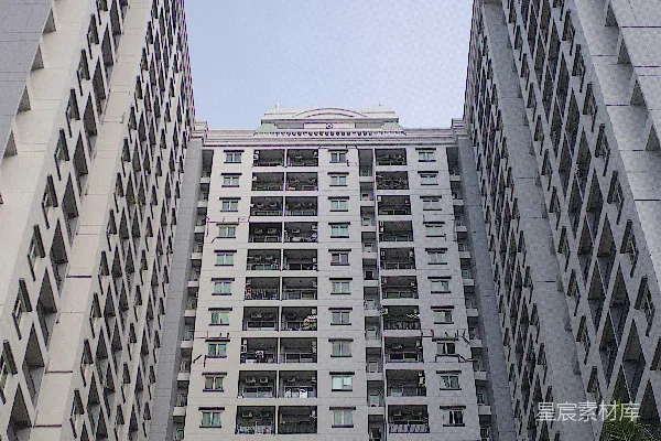 高清摄影 两座高楼前面有棕榈树。